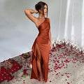 Robe sexy à une épaule et dos nu fendue, élégante, coupe ajustée, couleur unie, en satin, pour femme, été