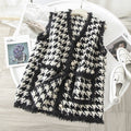 V-neck pearl buckle houndstooth knitted vest women