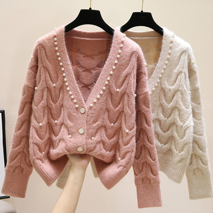 Cardigan tricoté à col en V avec perles pour femme