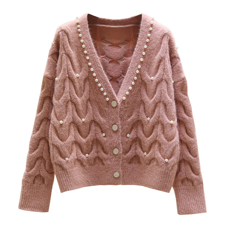 Sweet Beaded V-neck Knitted Cardigan Women