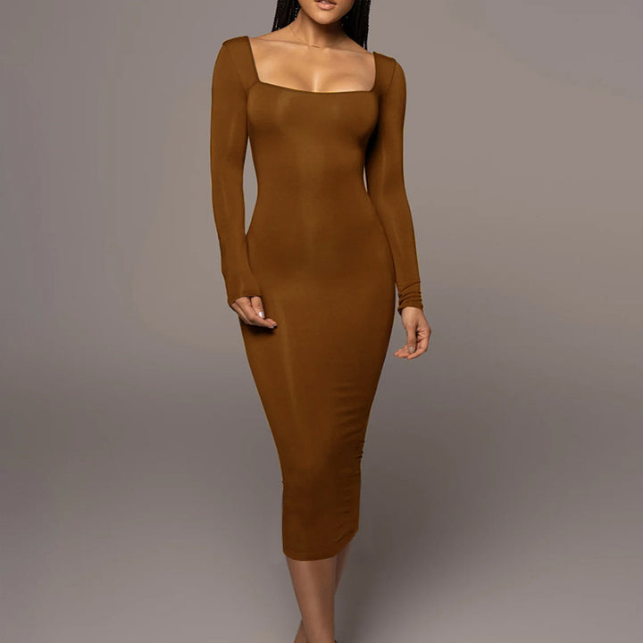 Slim Fleece Square Collar Long Sleeve Dress