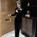 Chinese Lace Patchwork Slit Cheongsam Velvet Dress