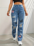 Jean taille haute coupe droite pour femme, pantalon en denim déchiré à imprimé papillon tendance