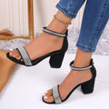 Rhinestone High Heel Sandals Summer Chunky Square Heel Sandals Open Toe Strappy Shoes