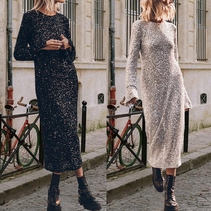 Robe à manches longues gracieuse et à la mode de style urbain à paillettes simples