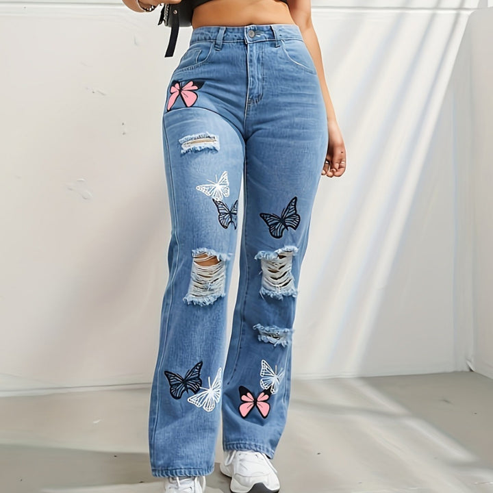 Jean taille haute coupe droite pour femme, pantalon en denim déchiré à imprimé papillon tendance