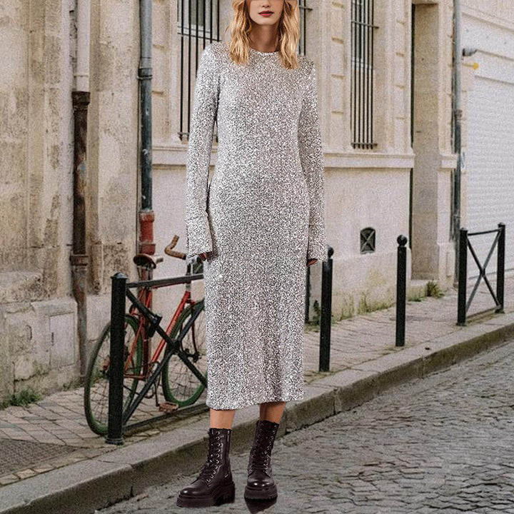 Robe à manches longues gracieuse et à la mode de style urbain à paillettes simples