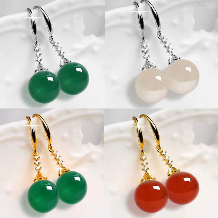 Boucles d'oreilles élégantes argentées en calcédoine verte et agate pour femme