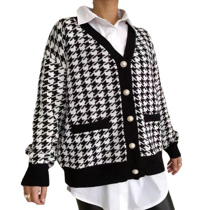 Houndstooth Lazy Style Knitted Cardigan Women