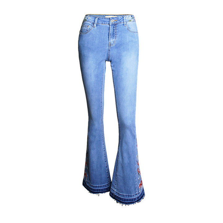 Denim Flared Pants Women Embroidered Embroidery