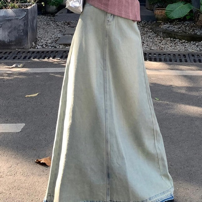 Light Color Retro Washed Denim Skirt For Women