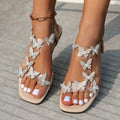 New Butterfly Rhinestone Sandals Summer Square Toe Flat Shoes For Women