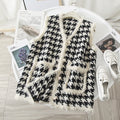 V-neck pearl buckle houndstooth knitted vest women