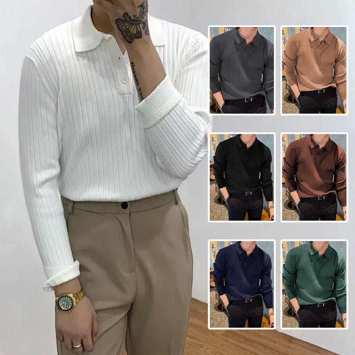 Polo en tricot extensible à revers pour homme, haut à manches longues, gaufré, à la mode, décontracté, confortable, pour le golf