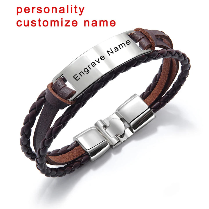 Custom Logo Name Engrave Leather Bangle & Bracelet Women Handmade life-saving Men Rope Id Bracelets