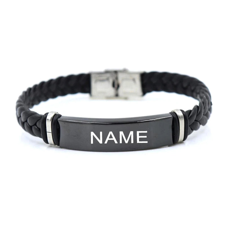 Bracelet en cuir gravé avec logo personnalisé, couleur noire, bracelets en acier inoxydable personnalisés pour femmes et hommes, bracelet d'identification