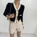 V-neck Stitching Metal Button Long Sleeve Knitted Cardigan Sweater