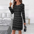 Elegant Plaid Crew Neck Women's Long Sleeve Knitted Dress