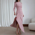 Slim-fitting Long-sleeved Asymmetric Split Dress Ins Fashion Solid Color Long Dresses For Women