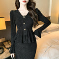 Autumn New V-neck Ruffled Flared Sleeve Suit Skirt