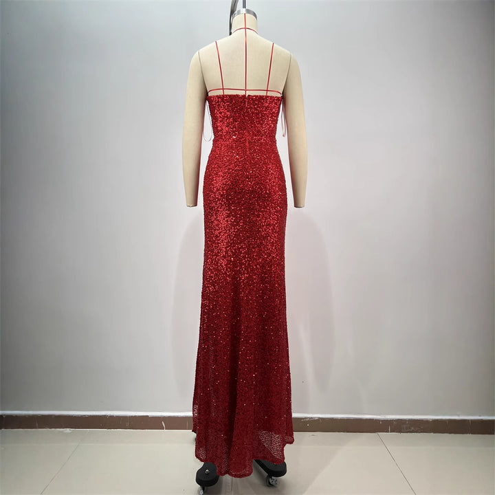 Robe et manteau tube sexy à paillettes rouges en forme de goutte avec diamant et coupe basse