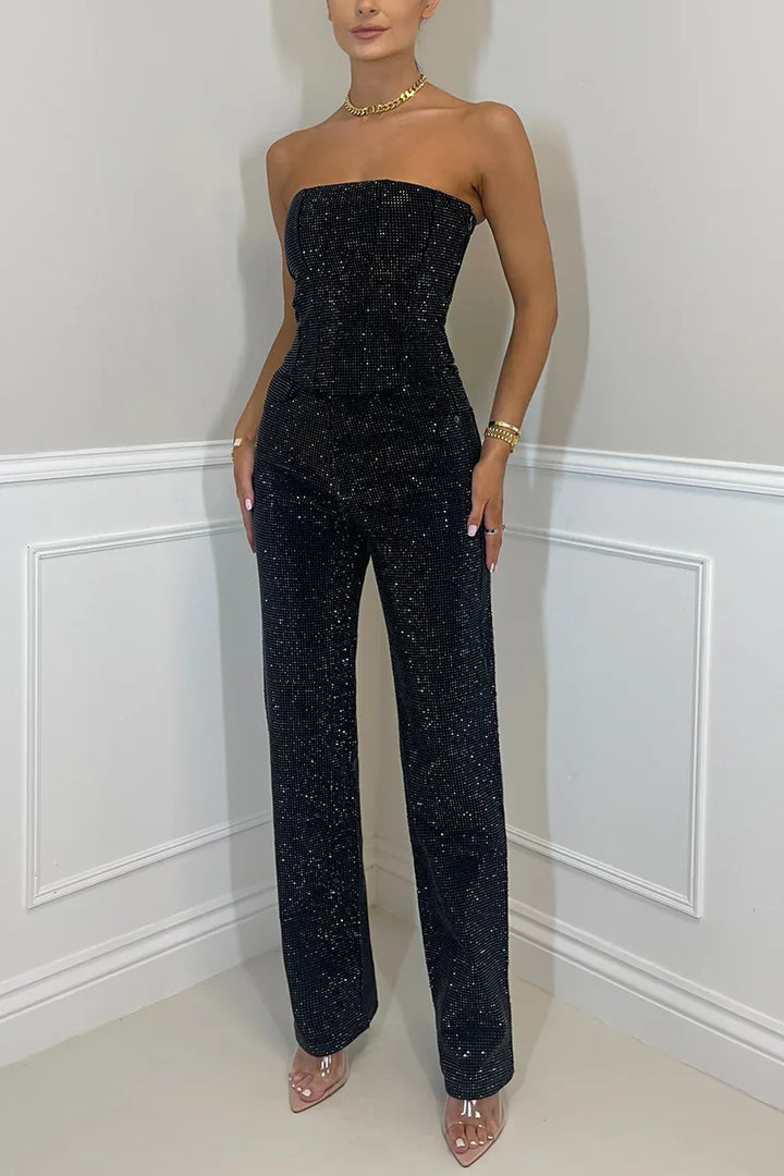 Sexy Off-the-shoulder Shiny Vest Diamond Trousers Suit