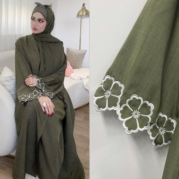 Solid Color Long Sleeve Loose Islamic Flower Embroidered Cardigan