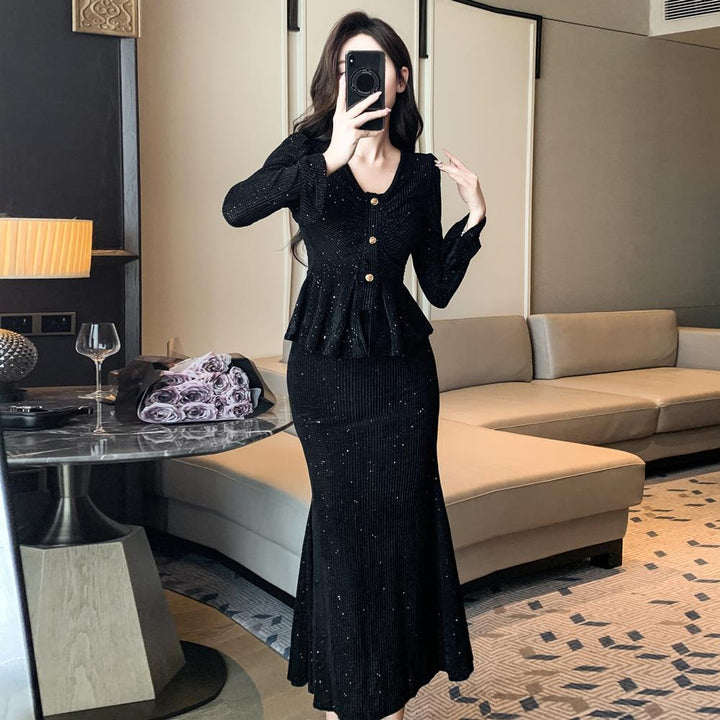 Autumn New V-neck Ruffled Flared Sleeve Suit Skirt