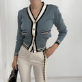 V-neck Stitching Metal Button Long Sleeve Knitted Cardigan Sweater