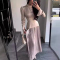 Ladies New Color Contrast Patchwork Slim-fit Lace Up Long Sleeve Dress