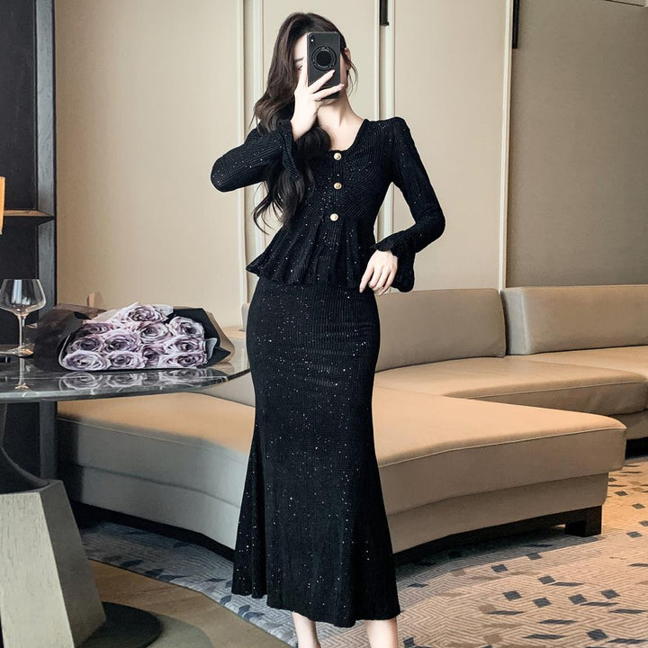 Autumn New V-neck Ruffled Flared Sleeve Suit Skirt