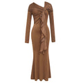 Round Neck Long Sleeve Slim-fit Pleated Ribbon Party Dinner Dress