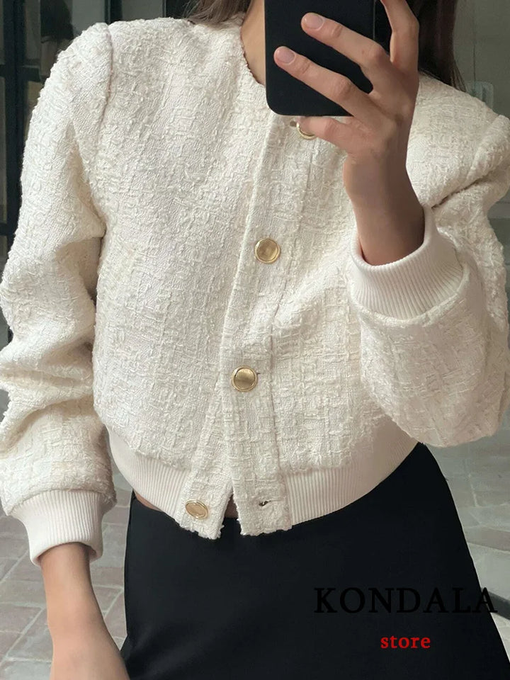 Lady Beige Twist Bomber Jackets Women Long Sleeve Buttons Spring Coats Elegant Pockets Outwears