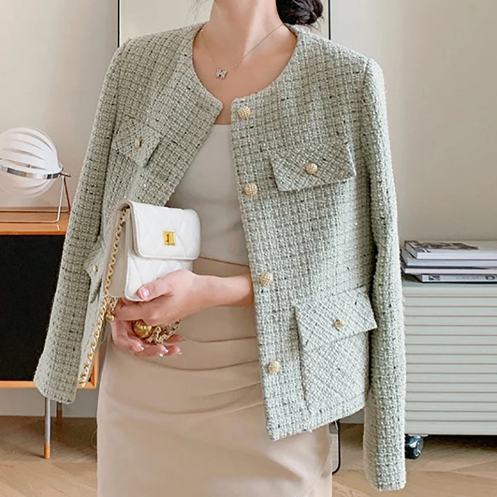 Tweed Single Breasted Elegant Cardigan Coat Long Sleeve Plaid Pockets Outerwear