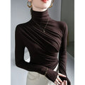 Pleated Stretch T-shirt  Turtleneck Bottoming Pullover Women's Casual Elegant Basic Top Shirts