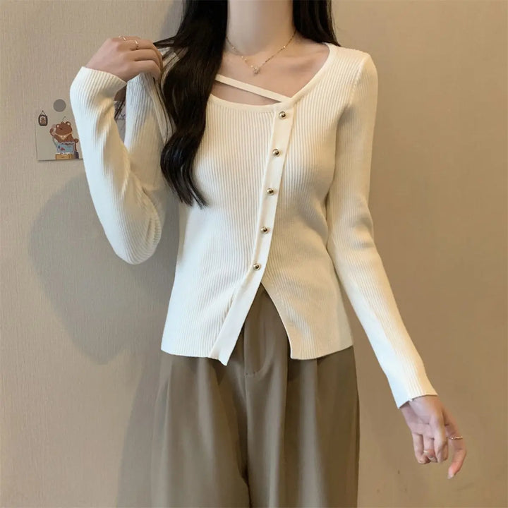 Women Clothes Fashion Button Solid Color O-neck Knitting Femme SpringAutumn  All-match Slim Long Sleeve Pullovers Bottoming Shir