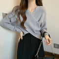 Fashion Cross Knitted Sweater Women Solid V Neck Long Sleeve Pullovers Crop Tops Streetwear Elegant Jumper