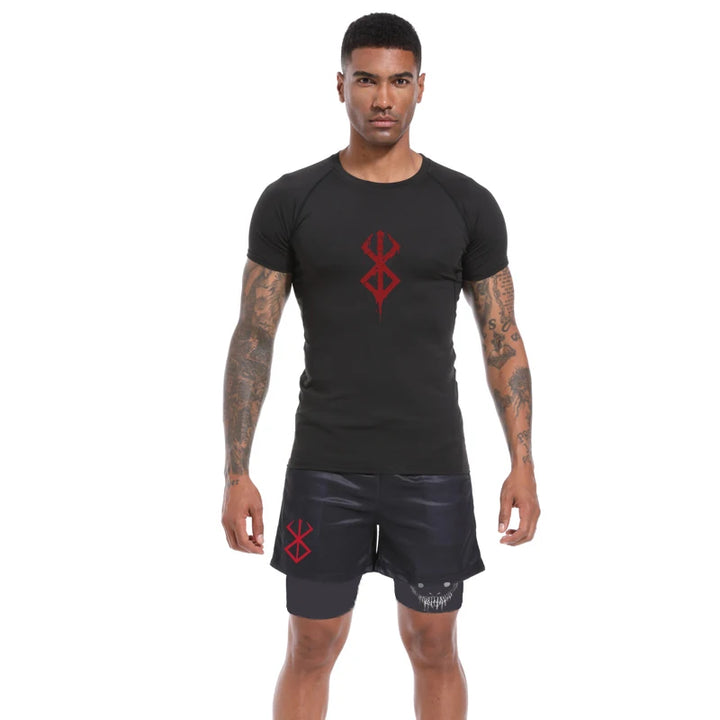 Men Quick Dry Manga Compression Shirt+Gym Shorts 2PCS Running Workou