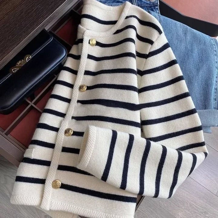 Sweaters O-neck Stripe Knitted Cardigan Fashion Long Sleeve Casual Short Tops Korean Oversized Sweater