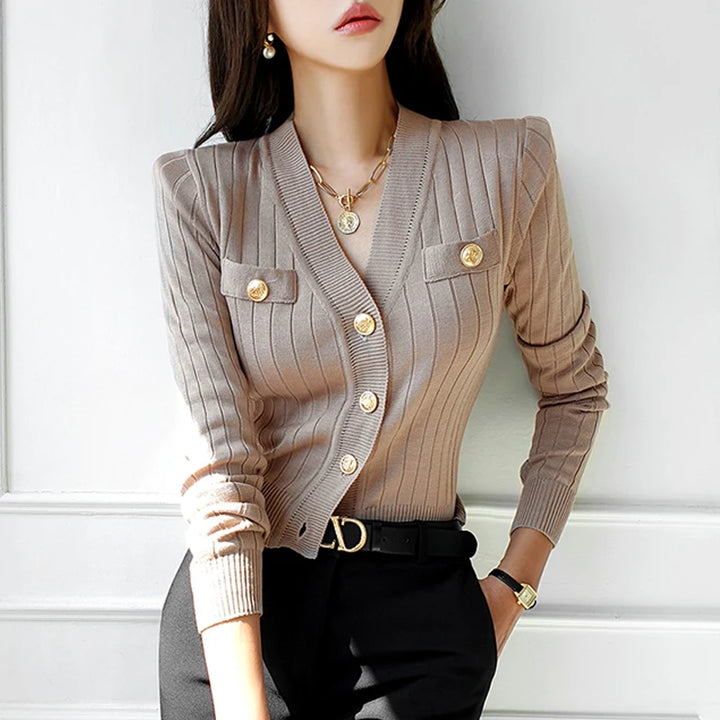 Chic V-Neck Knitted Cardigan Sweater For Women Casual Basic Long Sleeve Cardigans Autumn Vintage Sweaters Top