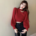 Women's Neck Hanging Solid Sweater Warm Pullover Sweater V-neck Cross Neck Off Shoulder Knitwear Tops