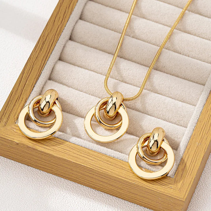 Gold Color Simple Metal Geometry Circle Necklace Earrings Set