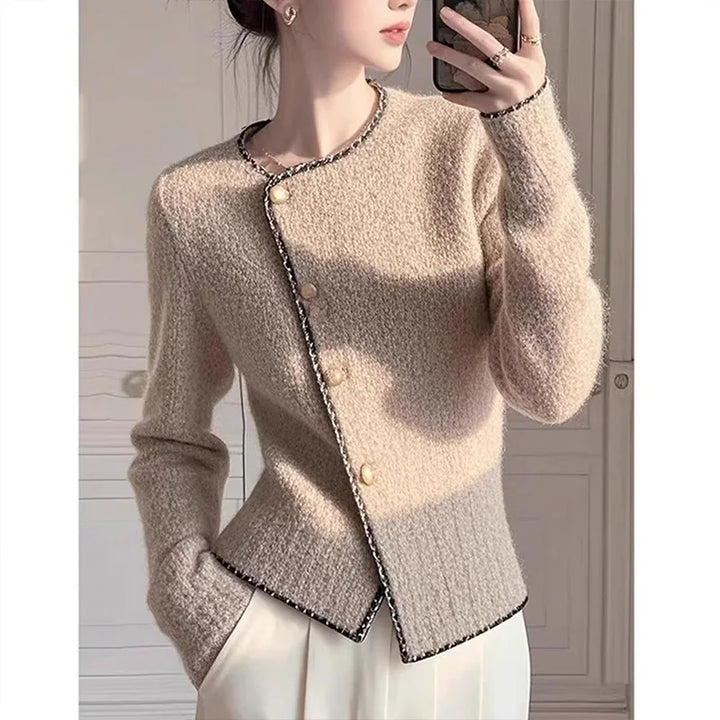 Thick Warm Solid Knitted Cardigan Women's Clothing Elegant Slim Wool O-neck Soft Sweaters