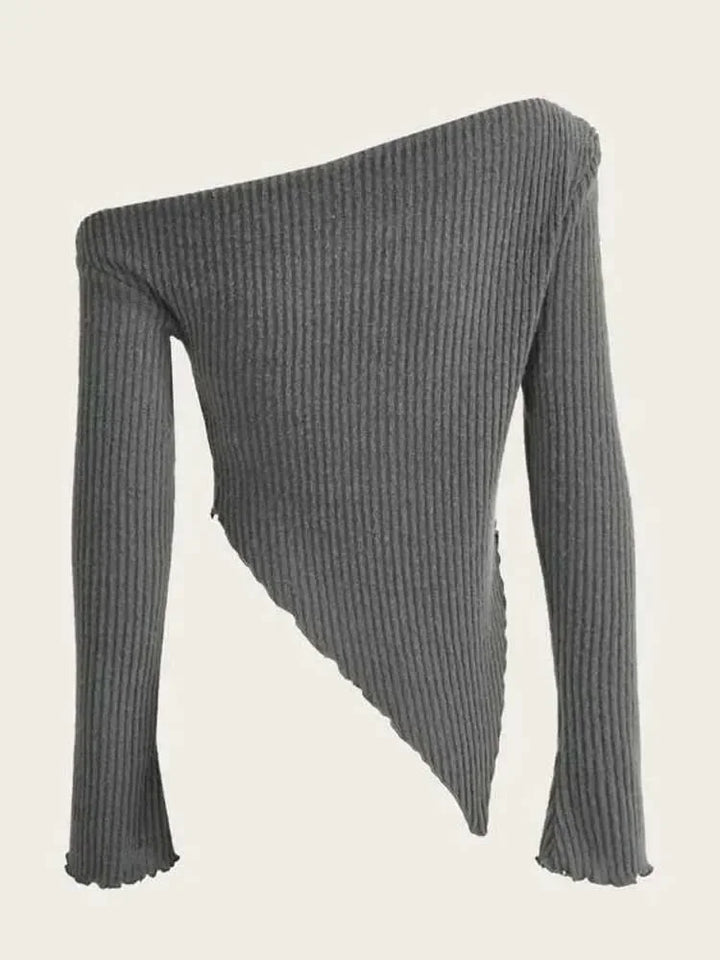 Women Solid Grunge Asymmetrical Neck Rib-knit Tee Strapless Blouse Long Sleeve Casual Sweater Handkerchief