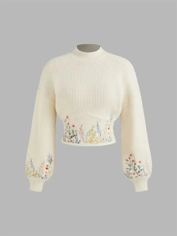 Pull décontracté à manches longues avec broderie florale pour femme, élégant, col montant, pull court en tricot