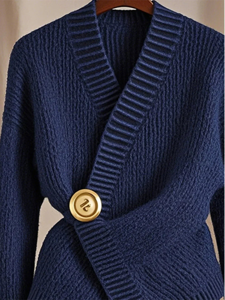 Early Autumn Soft Glutinous V-neck Slimming Sweater Women Tops High end Temperament High end Blue Knitted Sweater for Women