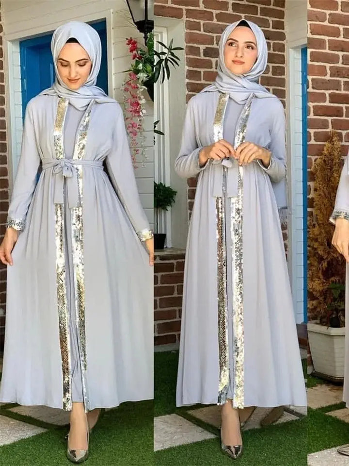 Abaya kimono à sequins gris Ramadan