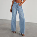 Women's Clothing Loose Wide-Leg Side Seam Stitching Frayed Hem Jeans Denim Pants High Waist Full Length