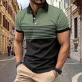 T-shirt à manches courtes à revers et imprimé à rayures respirantes, chemise boutonnée décontractée de style rétro pour hommes pour l'été