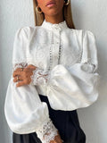 White Lace Blouses Women Elegant Solid Casual Lace and Button Hook Flower Hollow Puff Sleeves Blouse Top Lady Office Shirts